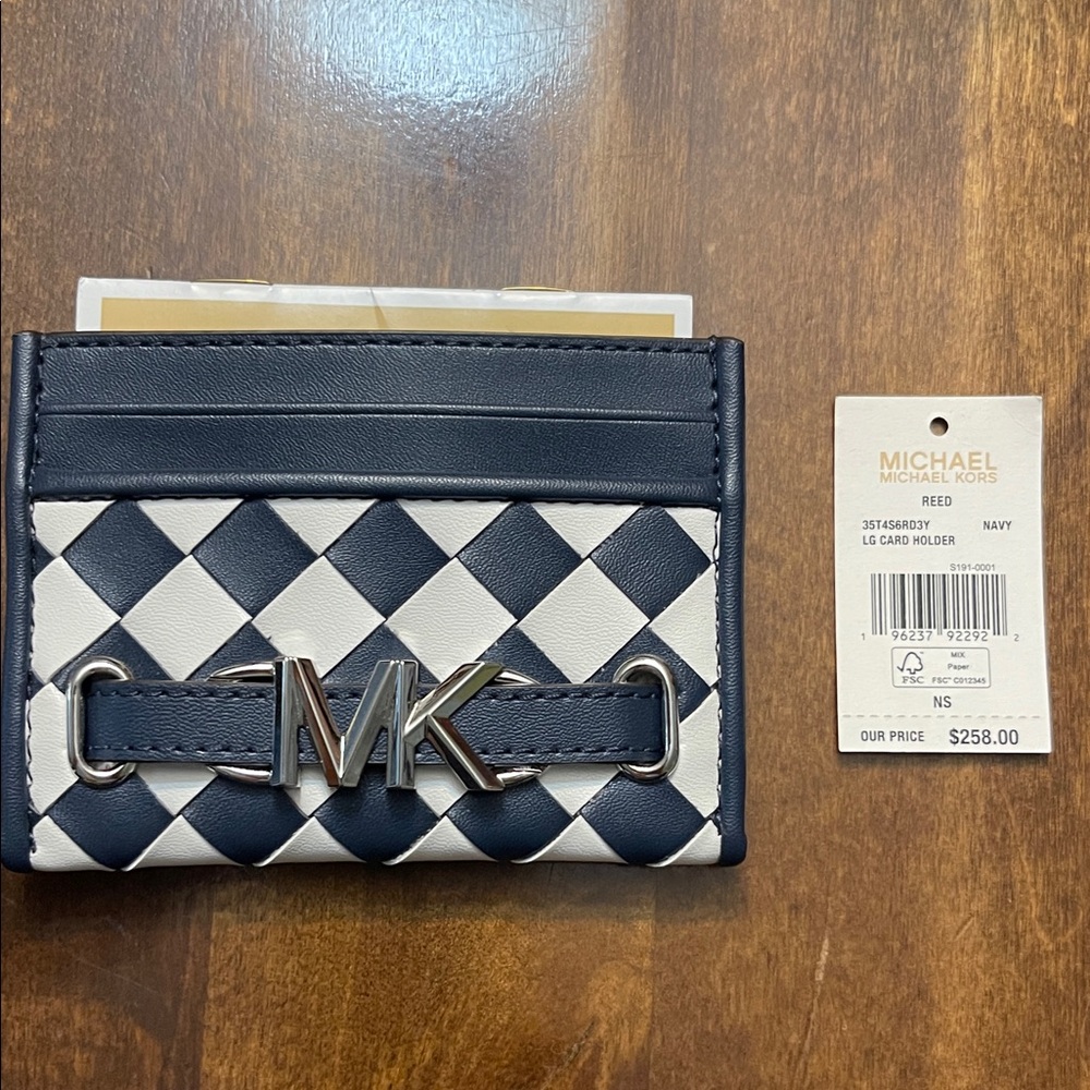 Michael Kors Navy and White Checkered Card Holder